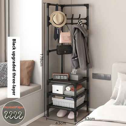 Stainless steel corner coat rack with multi-layer assembly and 10 hooks in black or white