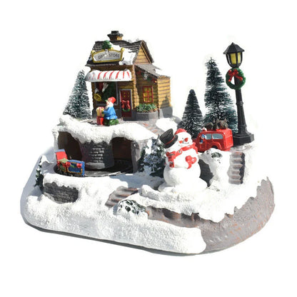 Enchanting Christmas house decoration with glowing LED lights, rotating snowman, Santa Claus, and children, and playing classic holiday music