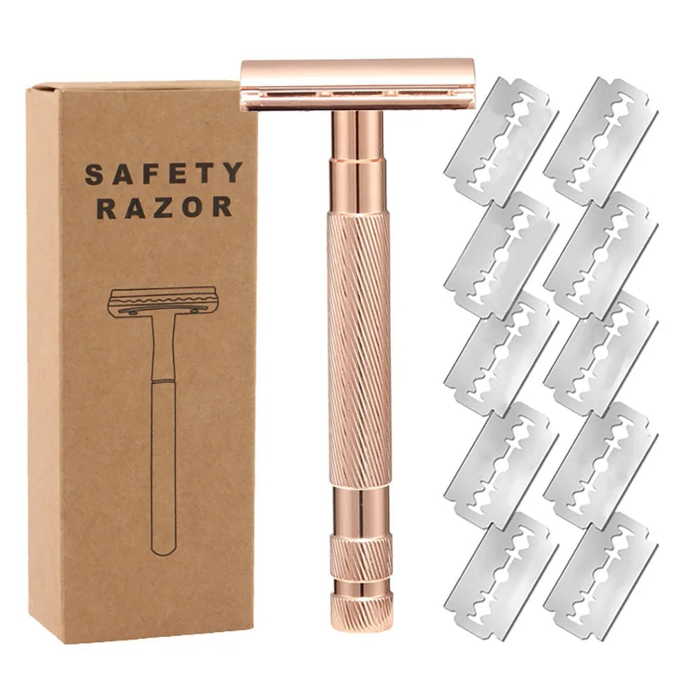 Traditional alloy double-edged safety razor with replaceable blades in choice of colours including black, silver, and rose gold.