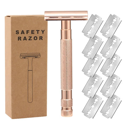 Traditional alloy double-edged safety razor with replaceable blades in choice of colours including black, silver, and rose gold.