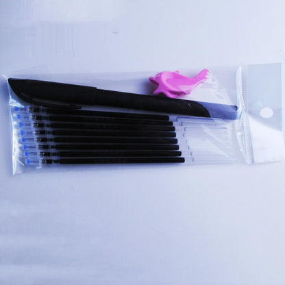 Household portable ink automatic fading pen set showing 0.5mm tip, eight blue refill cores, and plastic pen body
