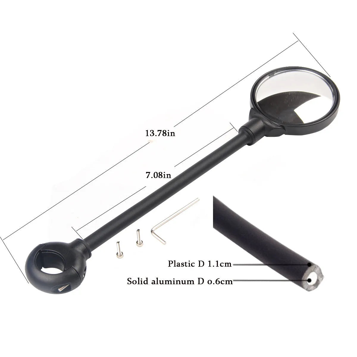 Black metal bicycle rearview mirror with hose clamp adjustment mounted on helmet, two-pack configuration