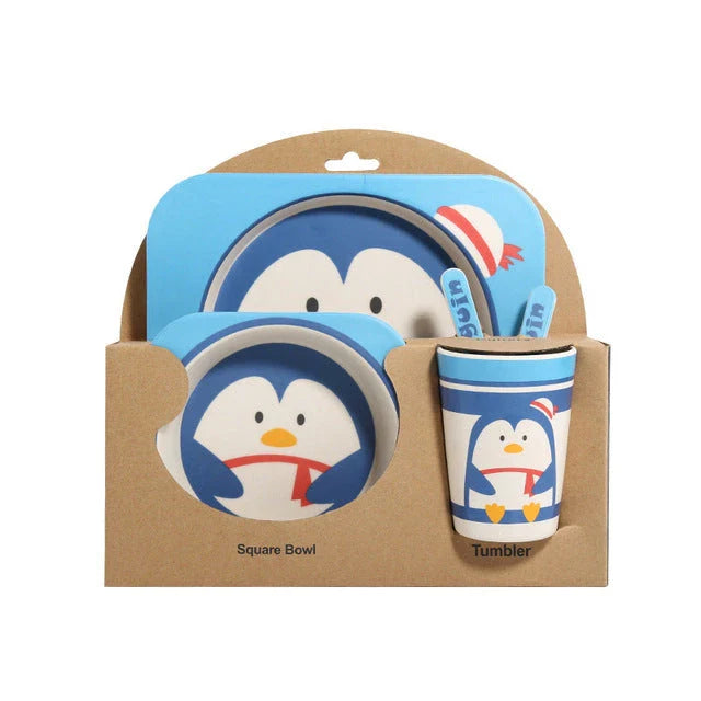 5-piece eco-friendly bamboo fiber children's tableware set with animal designs, including plate, bowl, cup, fork, and spoon
