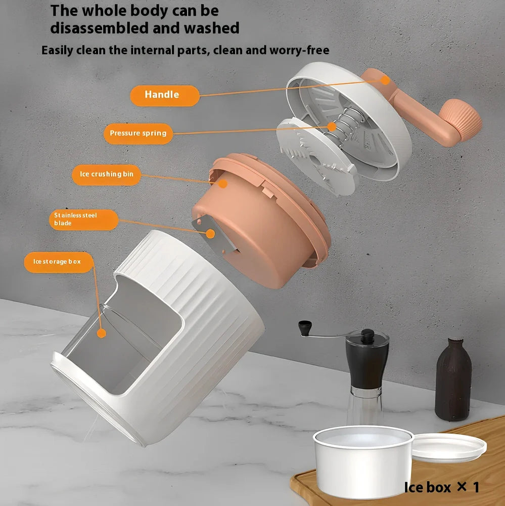 Green hand-cranked ice shaving machine with removable ice box and ergonomic handle