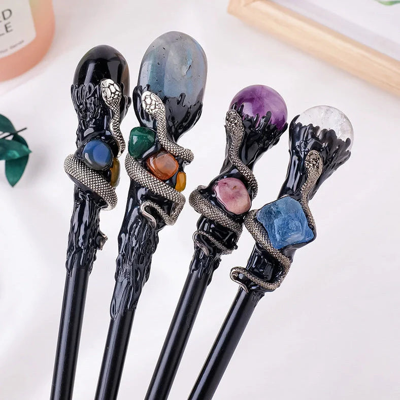 Natural crystal ball magic wand with wooden handle showing labradorite, obsidian, white crystal, or amethyst options