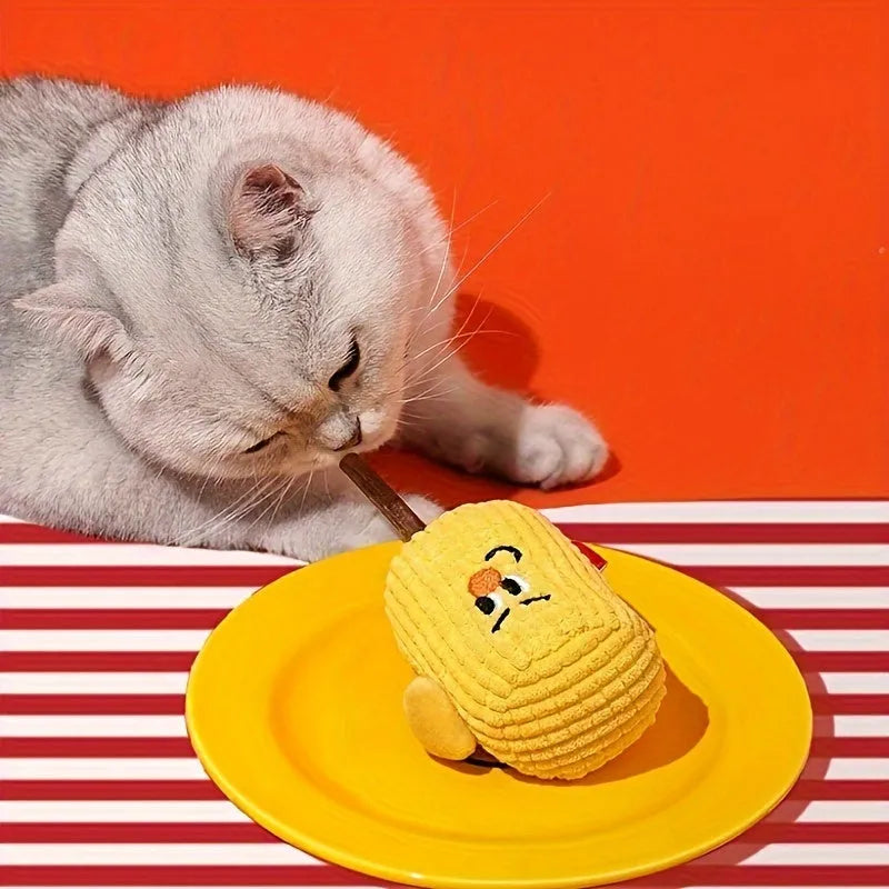 Polio wood corn cob shaped cat toy with catnip for dental cleaning.