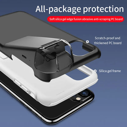 Black matte acrylic and silicone 2-in-1 case holding an iPhone and an AirPods charging case.