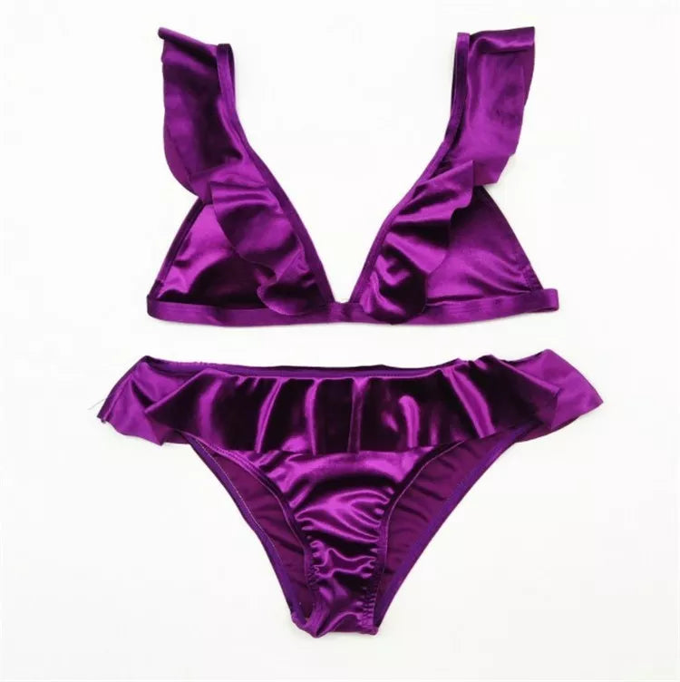 Women's Ice Velvet Ruffle Bikini Set in vibrant colors with comfortable chest pad