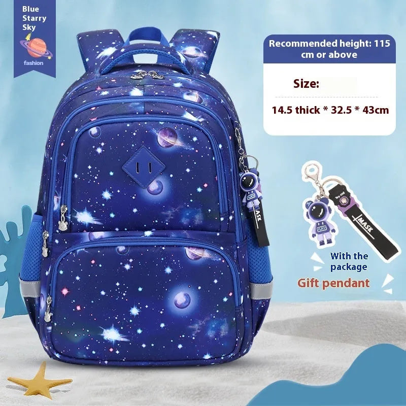 Blue dinosaur print children's school backpack with curved shoulder straps on a grey background
