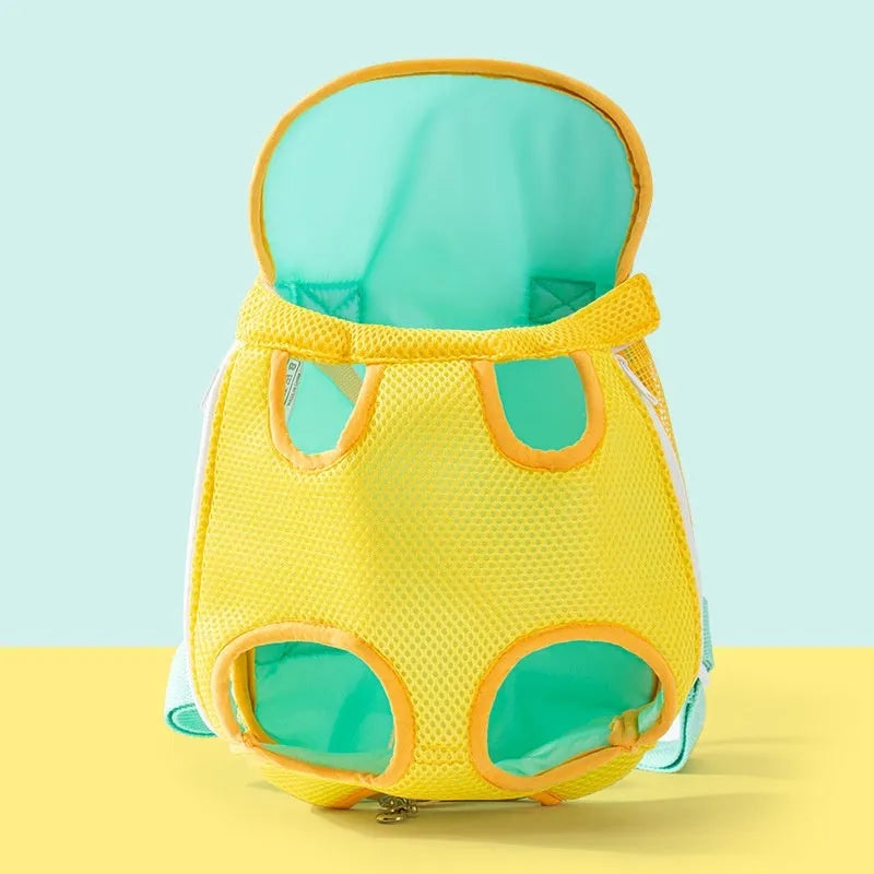 Canvas cat carrier backpack with animal bear print and ribbon trim for small pets.