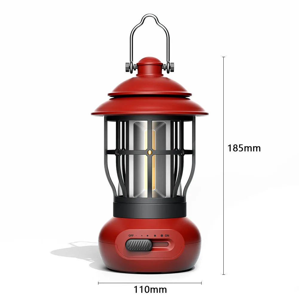 Black vintage-style iron camping lantern with USB charging and LED light, for tent and campsite use.