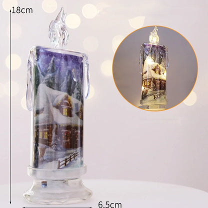Transparent electronic Christmas candle showing house, snowman and bear designs, 18cm height