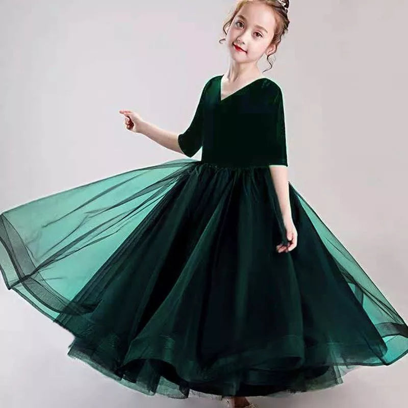 Children's knit princess dress in green, black, wine red, and blue