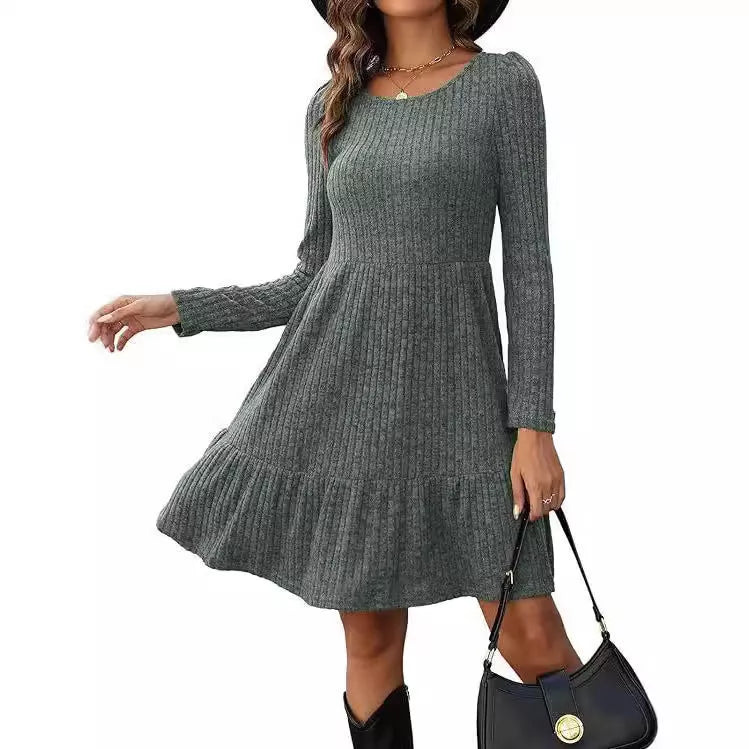 Solid color round neck knitted dress sweater in various colors and sizes