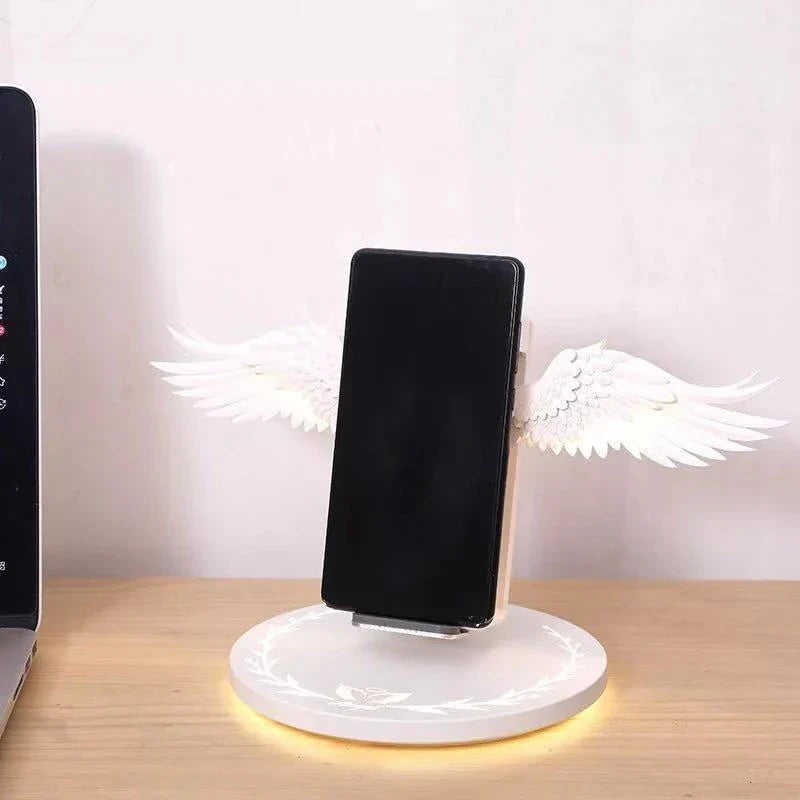 Angelic wireless charger with unfolding wings, providing fast charging and elegant design for smartphones