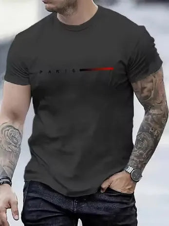 Men's slim-fit 3D printed graphic T-shirt on a hanger showing short sleeves.
