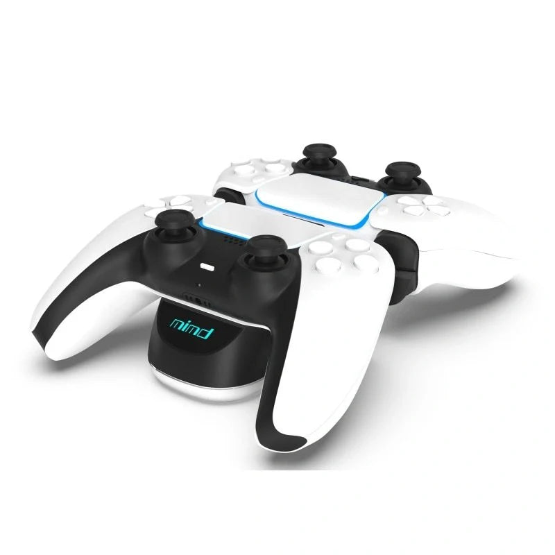 PS5 dual wireless controller charger with LED indicators in black and white
