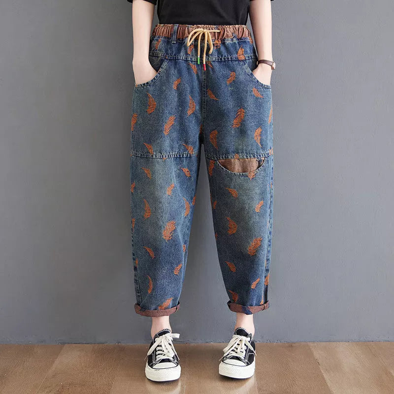 Women's loose slim casual jeans in classic blue, sizes M to 3XL