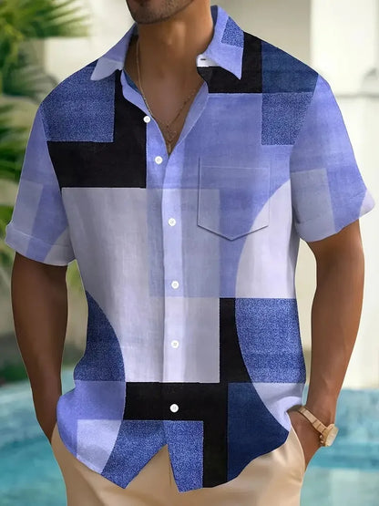 Man wearing a loose-fit short sleeve cardigan shirt with a retro geometric square pattern in contrasting colours.