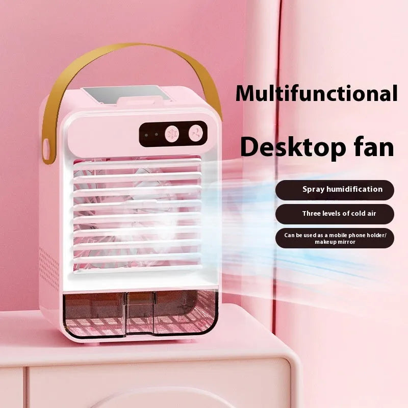 USB-powered desktop air humidifier for dormitory and office use, featuring quiet operation below 36dB(A), a 19x12.5x10cm compact size, and available in dark green or ivory white, with a brushless motor and five plastic fan blades