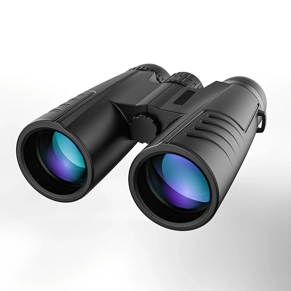 Black roof prism binoculars with 12x42 specifications showing eyepieces and objective lenses