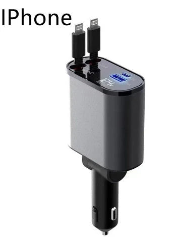 A sleek, metal 100W car charger with USB and Type-C ports for fast charging on the go