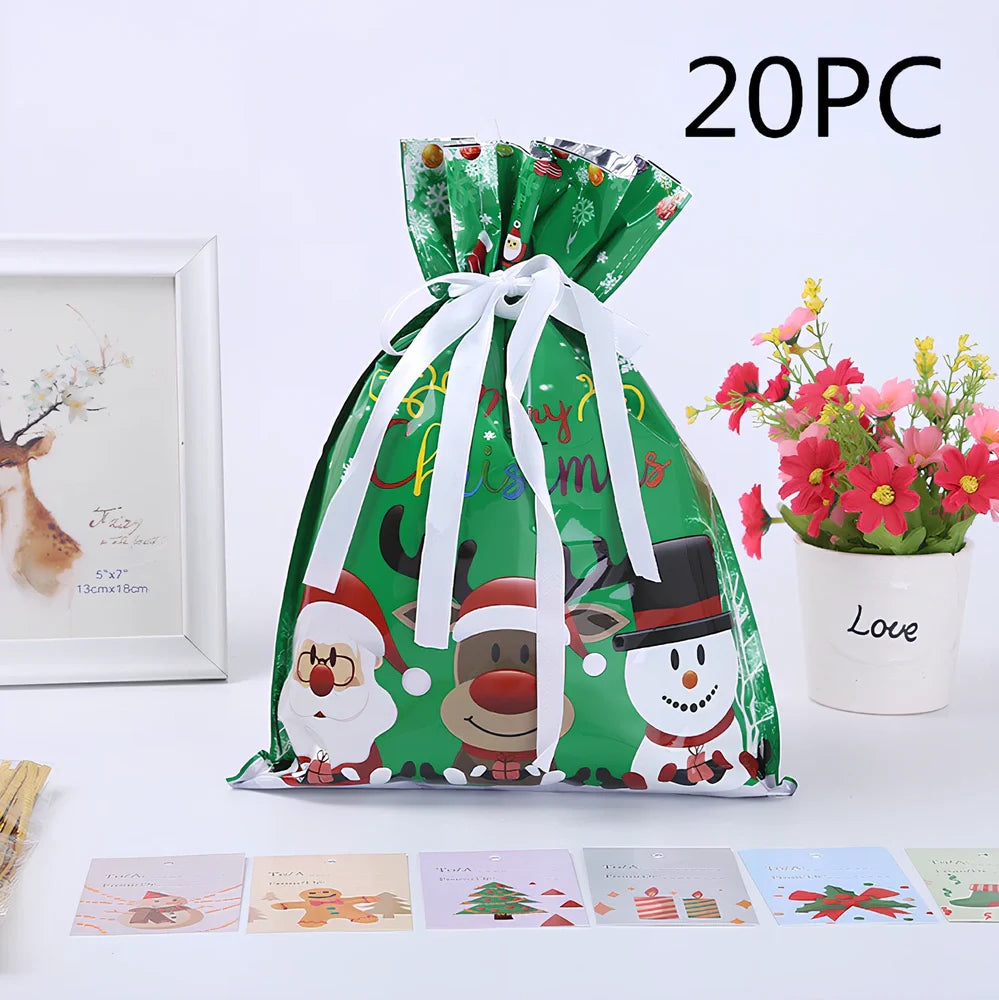 Christmas gift bag with drawstring closure in laser gold finish, 32x24cm dimensions