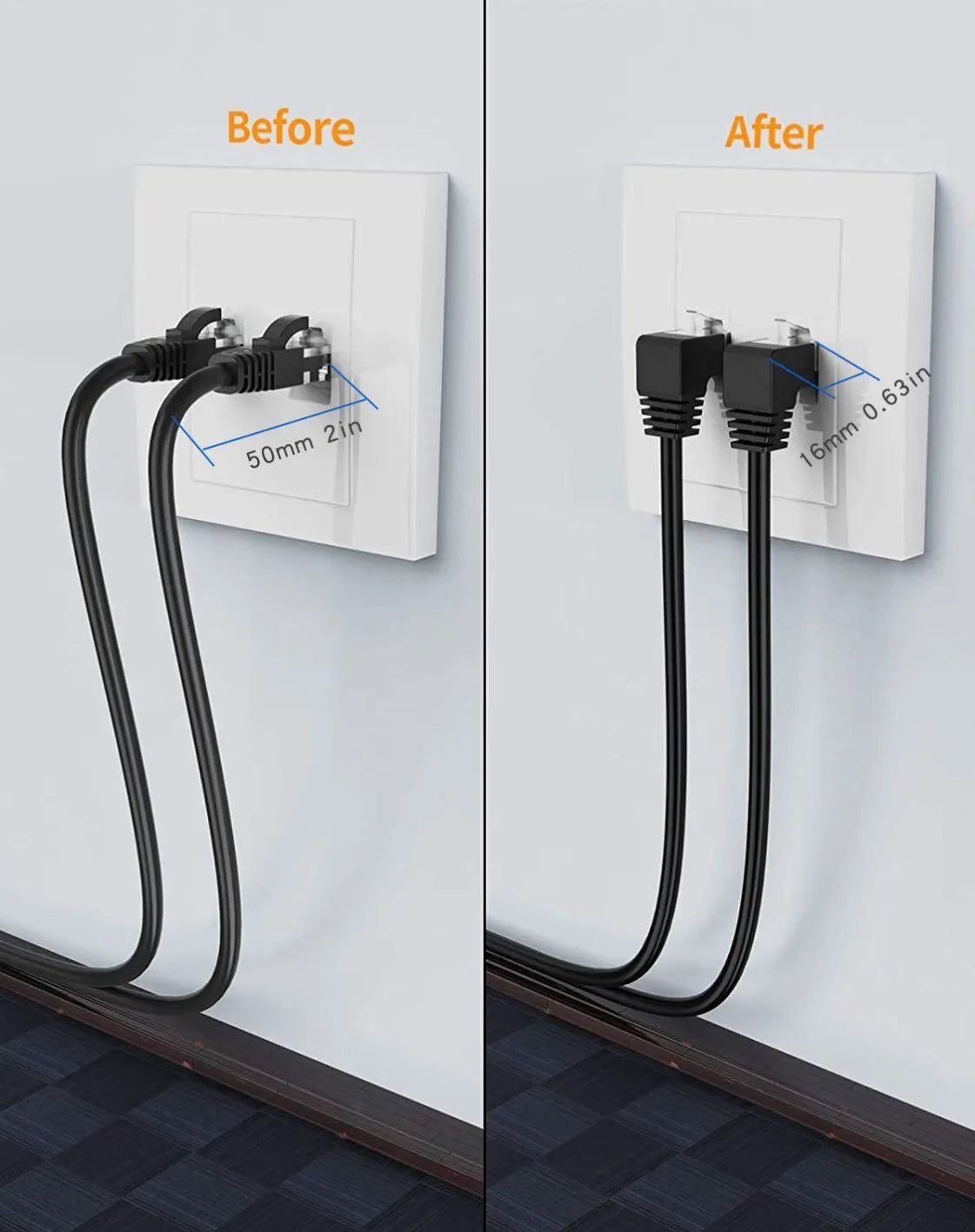 Black Cat6 Ethernet cable with a right-angle metal RJ45 connector lying flat on a wooden surface