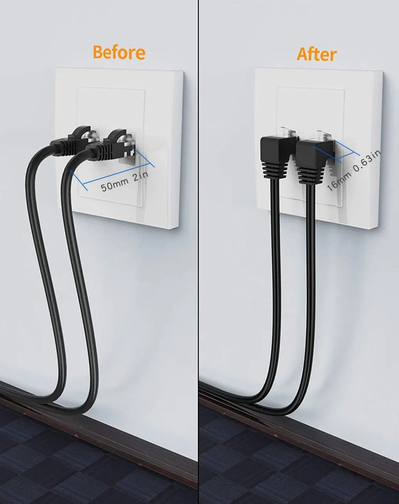 Cat6 Ethernet Cable with 90-Degree RJ45 Right-Angle Connectors in 3.3ft to 26ft Lengths for Clutter-Free Network Setups and Enhanced Cable Management