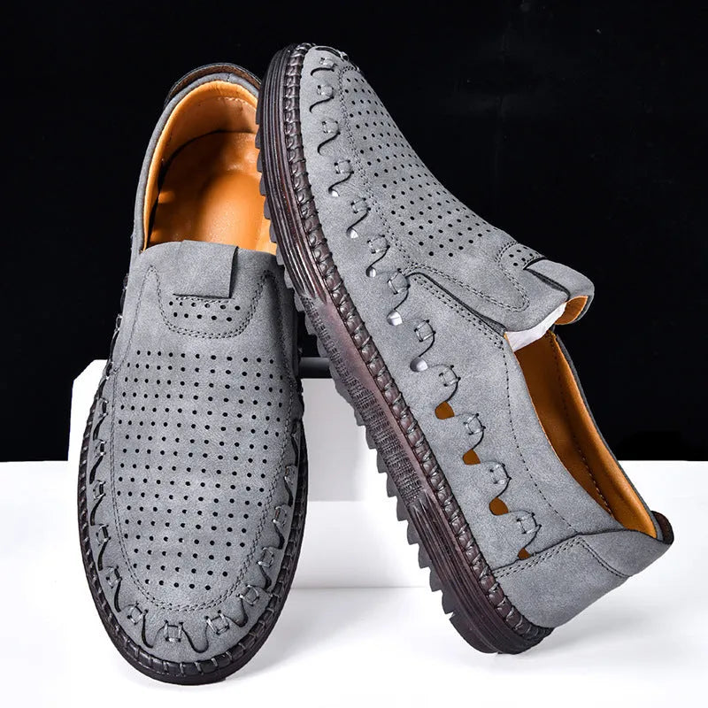 Men's outdoor casual shoes slip-on flat handmade leather shoes with round toe cap design available in brown, grey, black, and beige in UK sizes 38 to 48 featuring hollowed-out sewing line details and shallow mouth cutting depth for easy wear