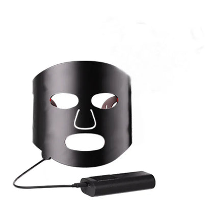 Black and white LED phototherapy face mask with controller showing seven colour light therapy options