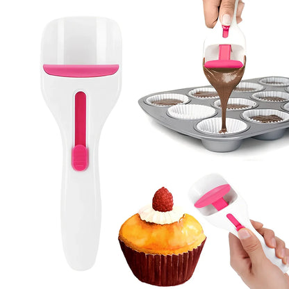 19.5cm long cake batter scoop with push-button mechanism and non-stick surface for consistent cupcake portioning
