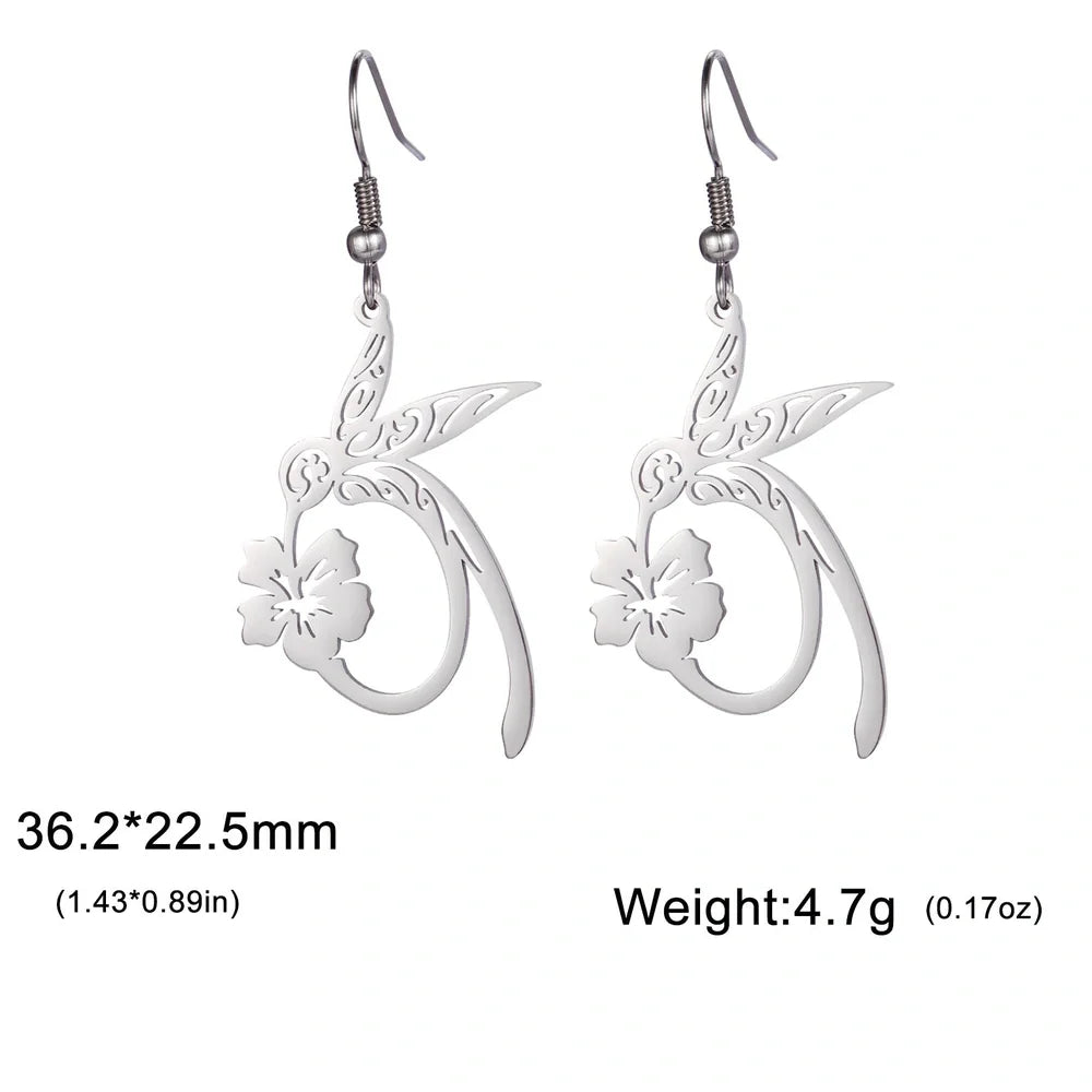 Stainless steel hummingbird earrings with hollow honeycomb design in gold or steel colour