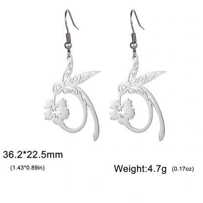 Stainless steel hummingbird earrings with hollow honeycomb design in gold or steel colour