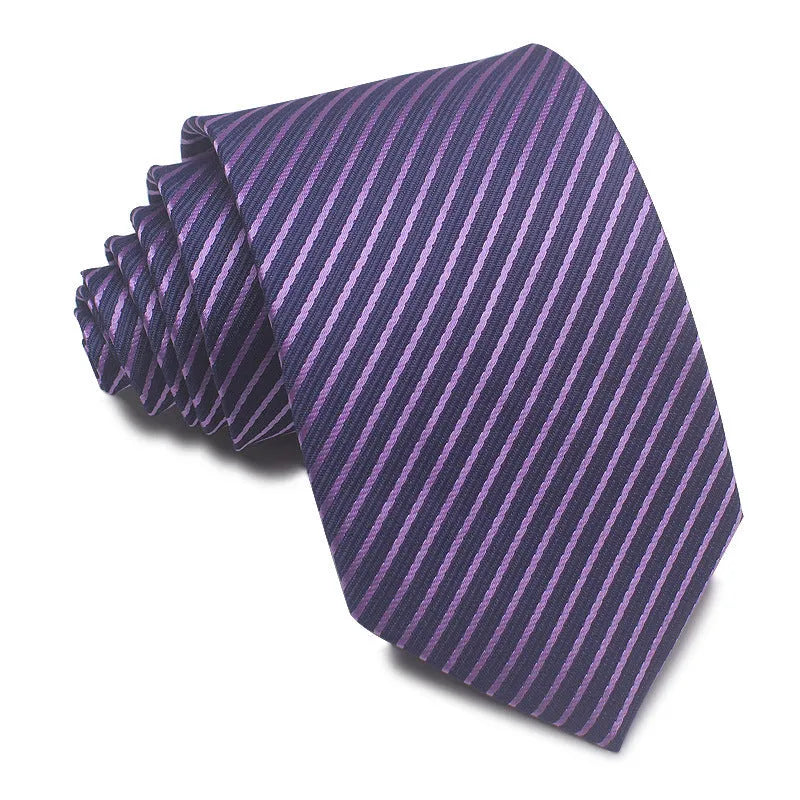 A standard-width 8cm polyester jacquard tie with arrow-tip styling and a selection of 24 striped colourways for professional and formal wear.