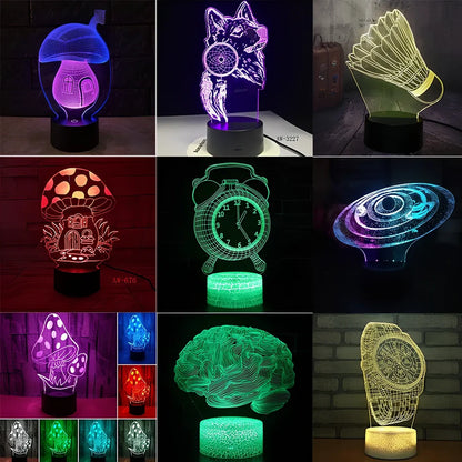 3D LED desk lamp with remote control showing 200x130mm dimensions and USB power cable