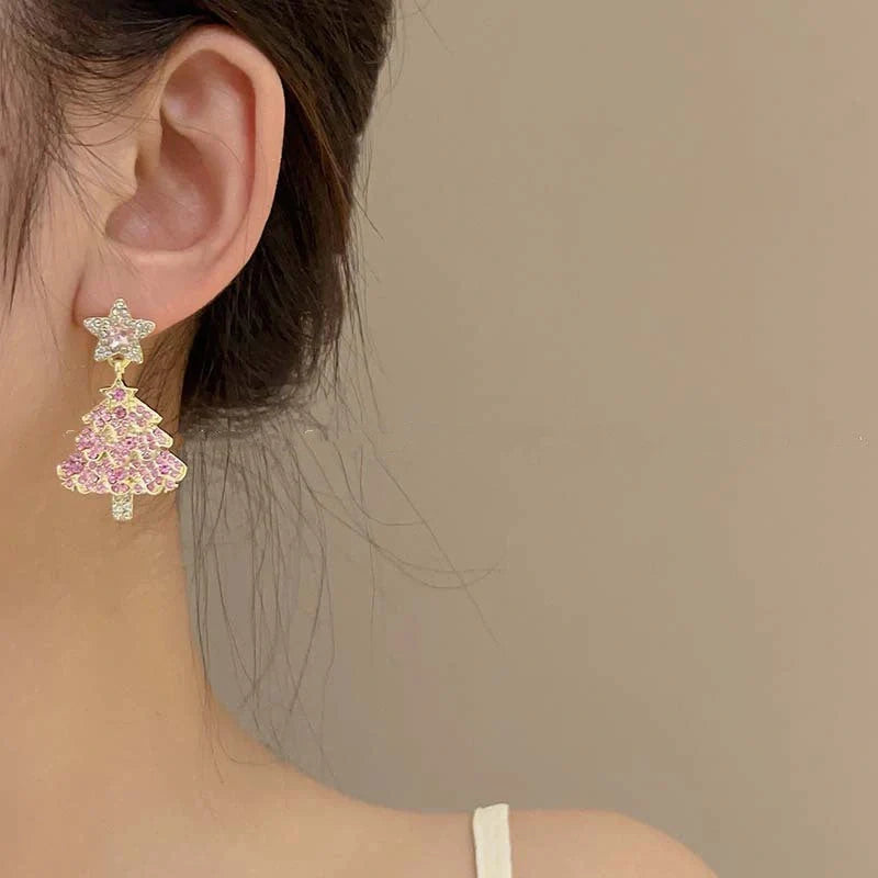 Pink Christmas tree shaped dangle earrings with sparkling zircon accents