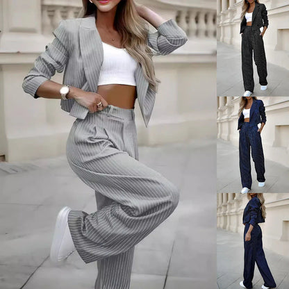 Stylish striped suit set with cropped top and straight-leg pants in a variety of classic colors