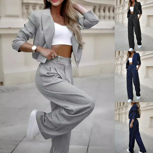 Stylish striped suit set with cropped top and straight-leg pants in a variety of classic colors