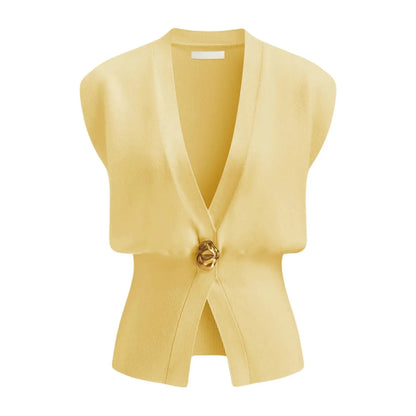 Women's loose fit V-neck button cardigan sweater in knitted polyester fabric.