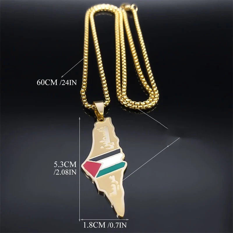 Stainless steel pendant necklaces featuring detailed maps of Israel and Palestine in vibrant colors