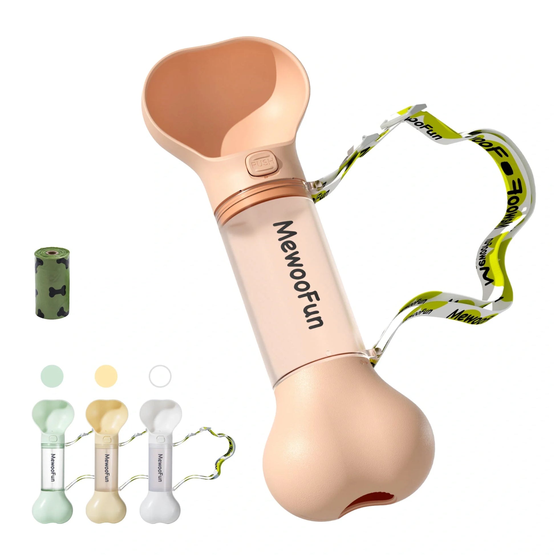 Mewoofun 2-in-1 leak-proof pet water bottle with bone-shaped design and poop bag storage