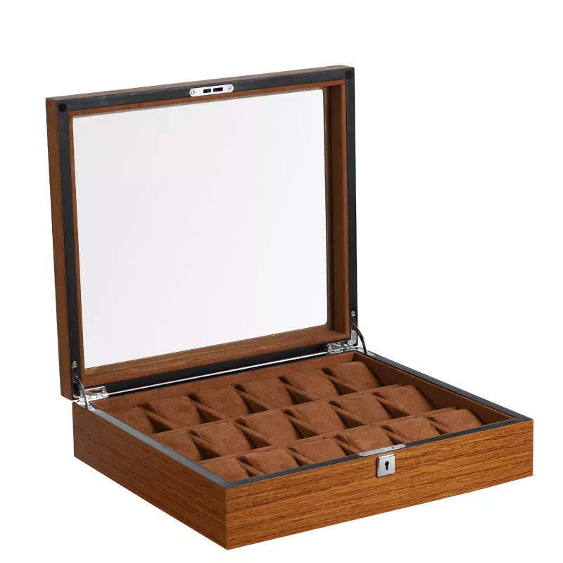 Matte wood grain lock watch storage box with 5 slots, brown color