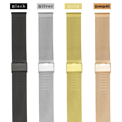 Milani silk woven stainless steel watch band showing metallic finish and woven texture, available in multiple width sizes