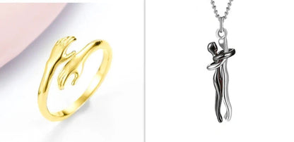 Adjustable Alloy Hands Hug Ring in gold and silver, featuring a unique geometry design