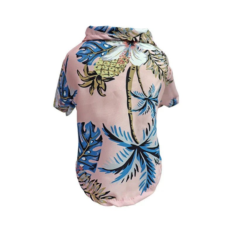 Breathable pet shirts featuring tropical pineapple, coconut tree, and Hawaiian-inspired prints