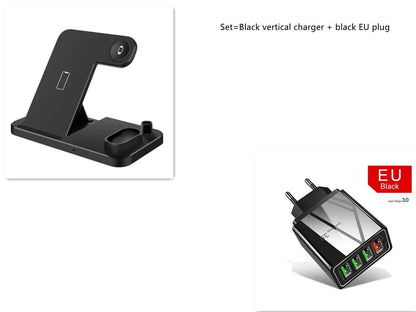 4-in-1 wireless charging station with adjustable magnetic stand charging phone, watch, AirPods, and Apple Pencil