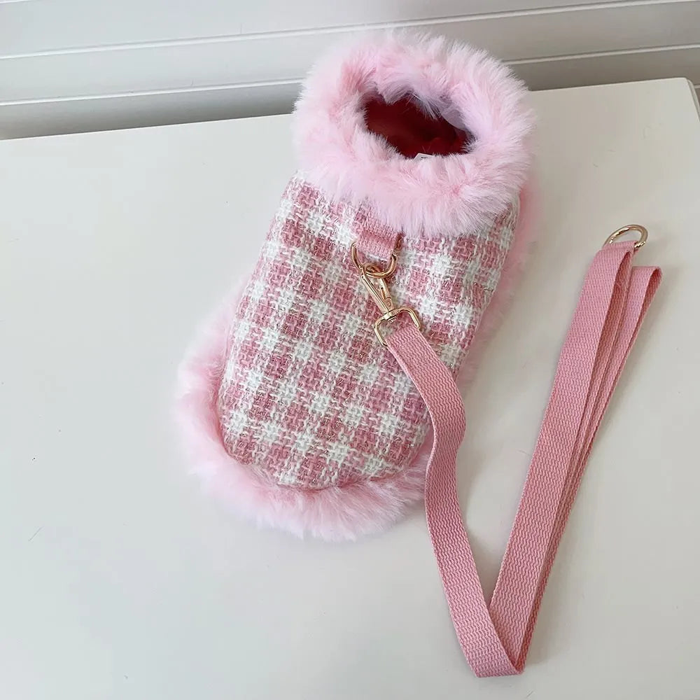 Pink cat costume set with beret and cape featuring hand holding rope design