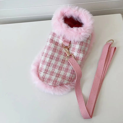 Pink cat costume set with beret and cape featuring hand holding rope design