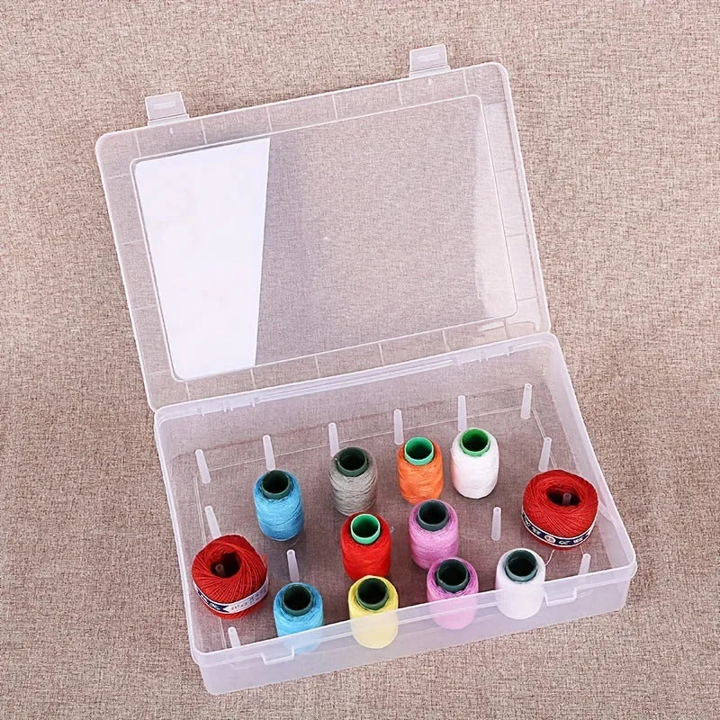 Transparent plastic sewing storage box with 42 labelled compartments for needles and threads